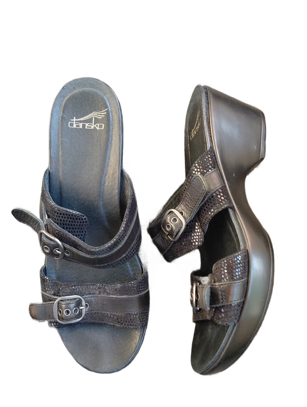 Dansko Black Leather Sandals Size 10 Leather Buckled Open Toe Mules